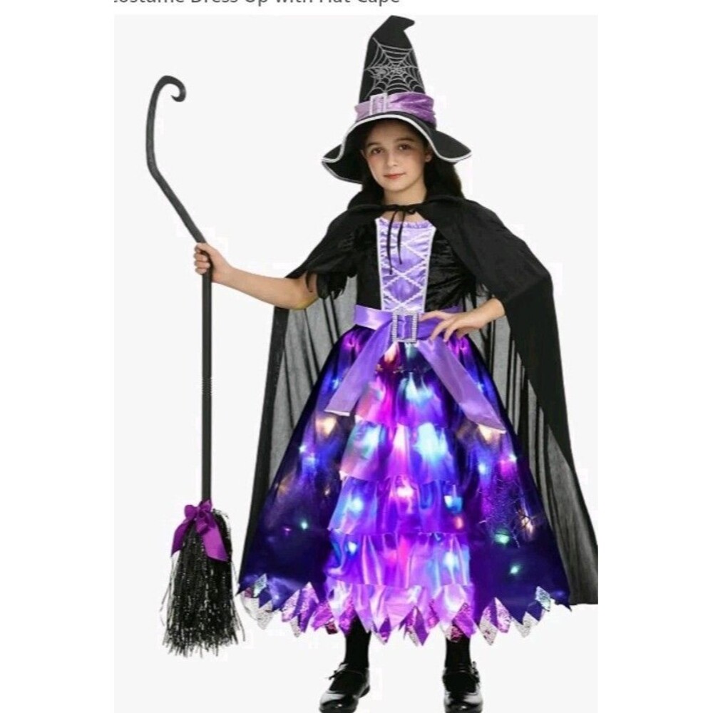 Witch Costume for Girls LED Light Up Halloween Costume Dress w/ Hat & Cape, L...